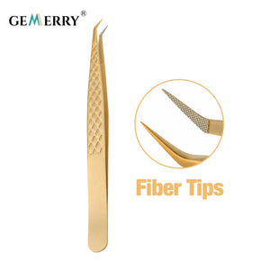 GLW 01 Gold Fiber Tip Curved Lash Tweezers - GEMERRY