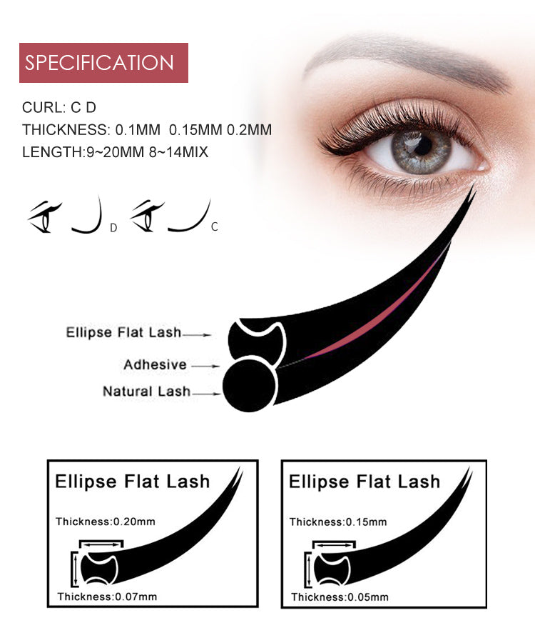 Ellipse Eyelash Extensions 0.15mm D Curl 8-15mm Mixed Flat Eyelash